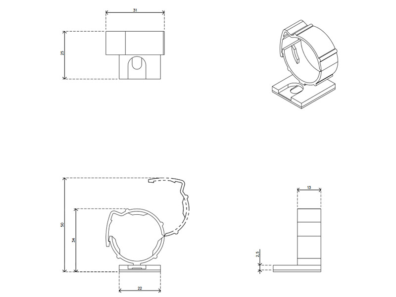 Dataflex Addit Kabelschlucker 15/25 mm - Befestigungsclips 903 Zeichnung