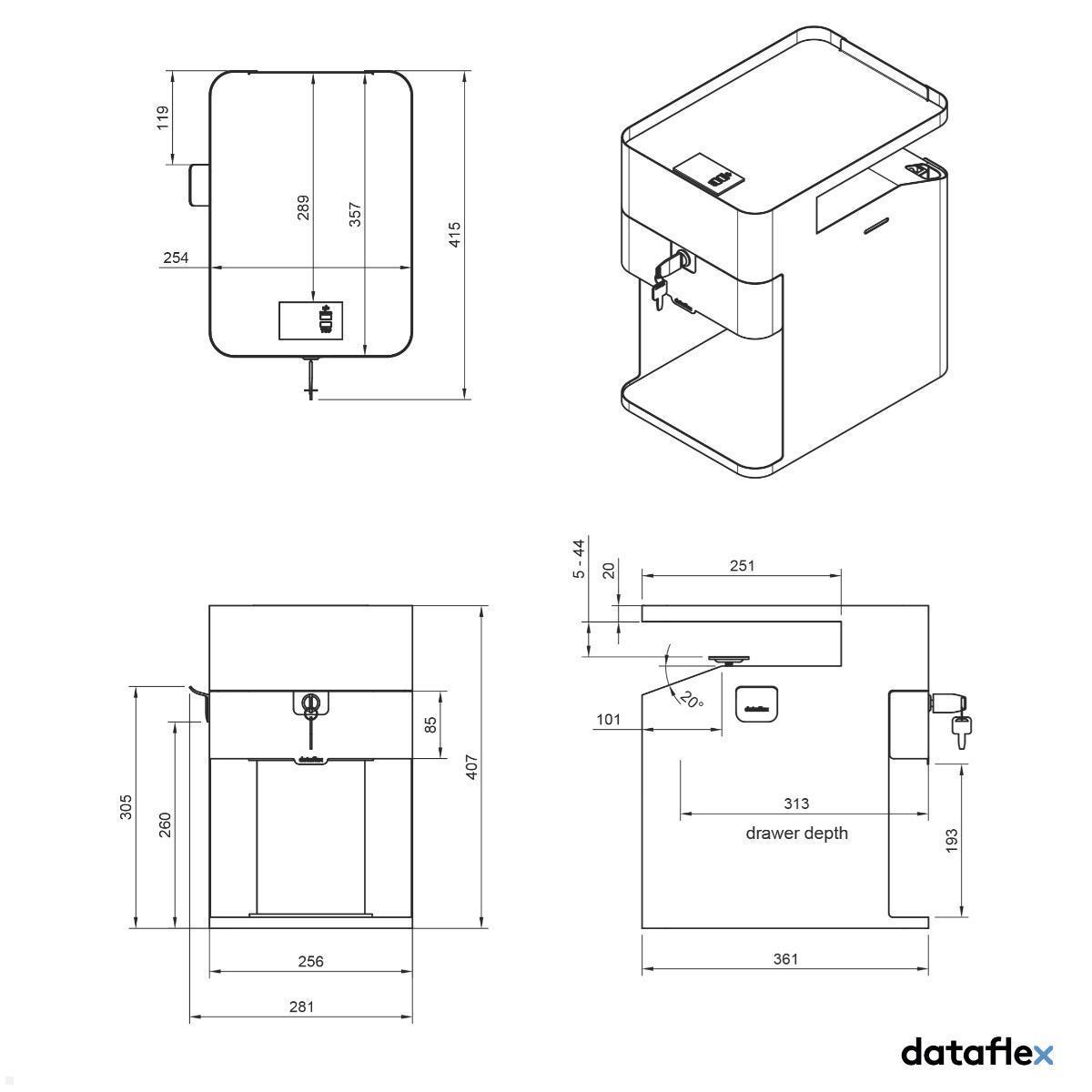 Dataflex Bento Desktop Locker 503 Untertisch Schrank mit Tischklemme (45.503), schwarz technische Zeichnung Unterschrank