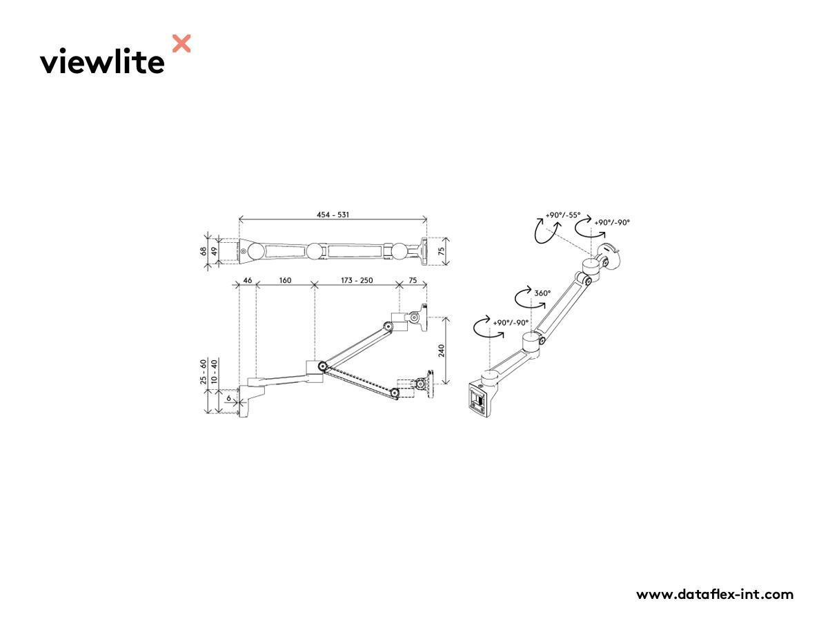 Dataflex Viewlite Plus Slatwall Monitorhalterung, höhenverstellbar (58.522) technische Zeichnung