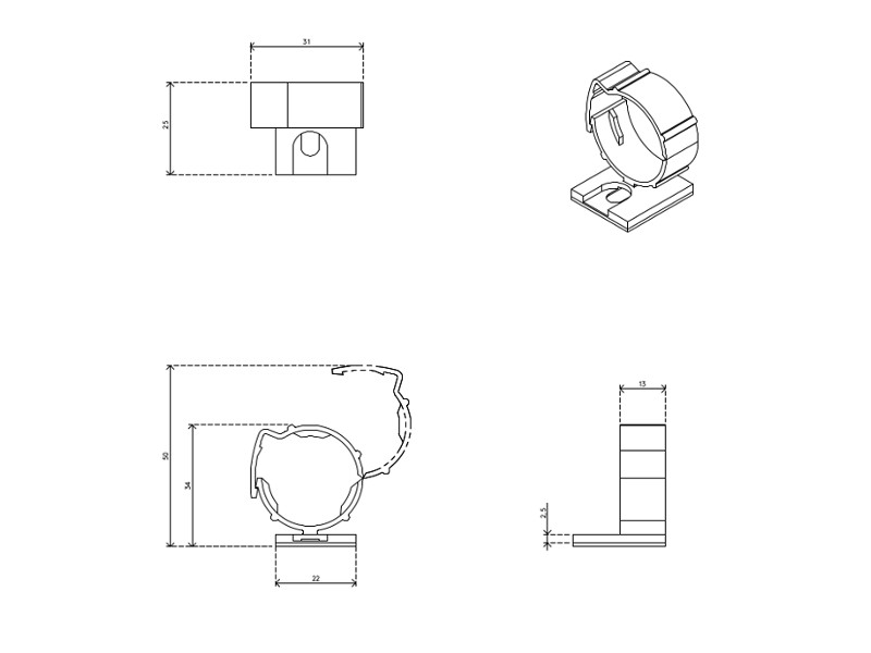 Dataflex Addit Kabelschlucker 15/25 mm - Befestigungsclips 902 Zeichnung